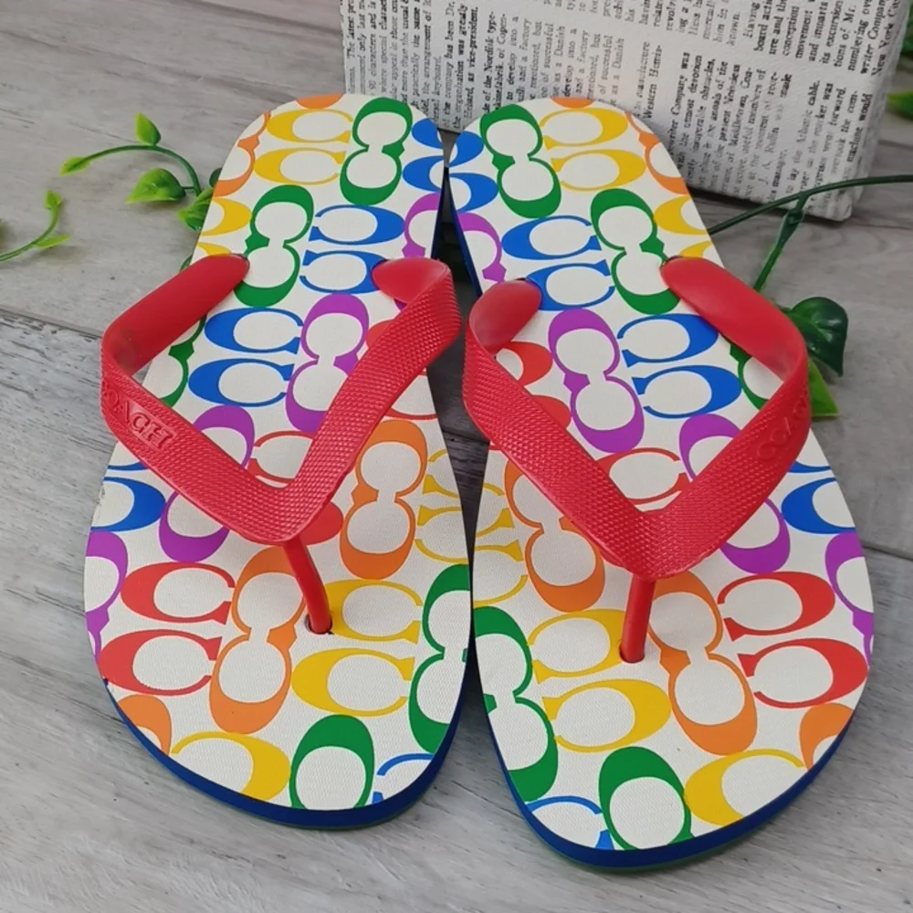 Coach Signature Rainbow Pride Flip Flops NWOT - Picture 3 of 8